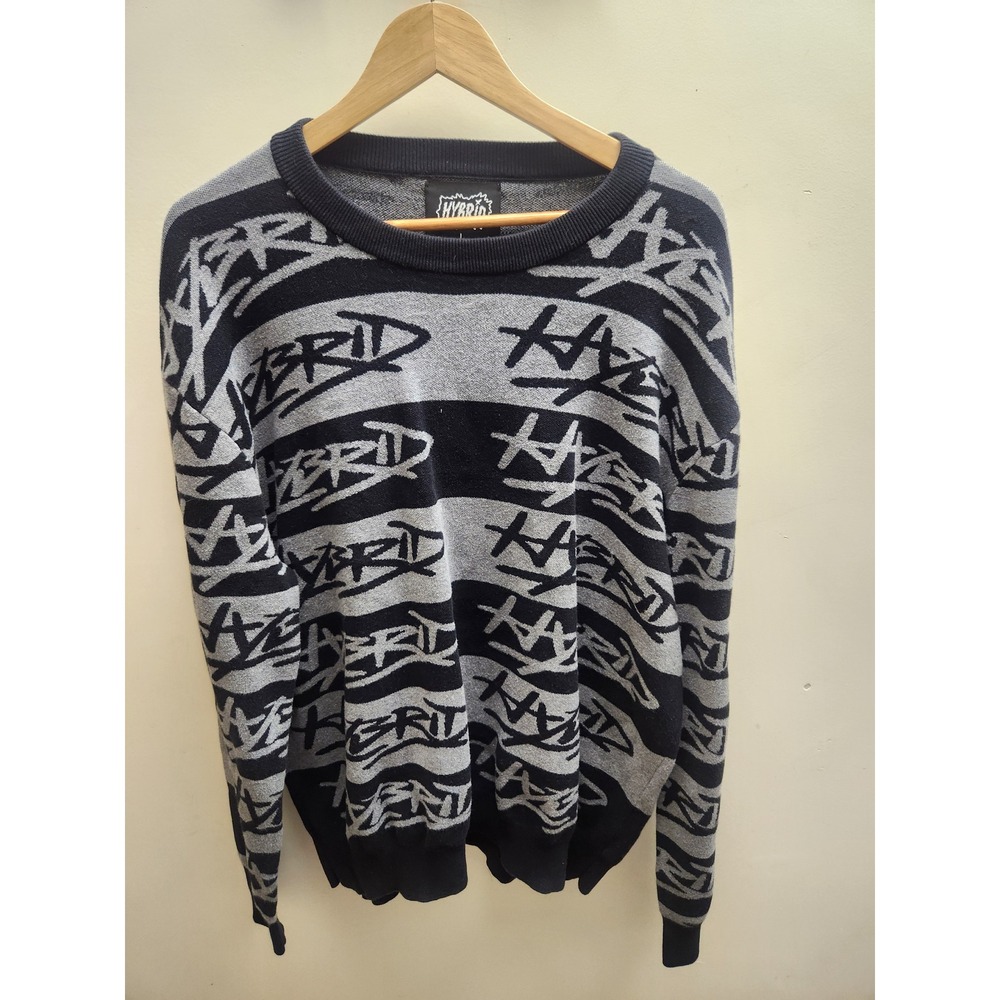 Hybrid Graffiti Logo Knit Sweater Mens Large Black Grey Striped‎ Crewneck Cotton